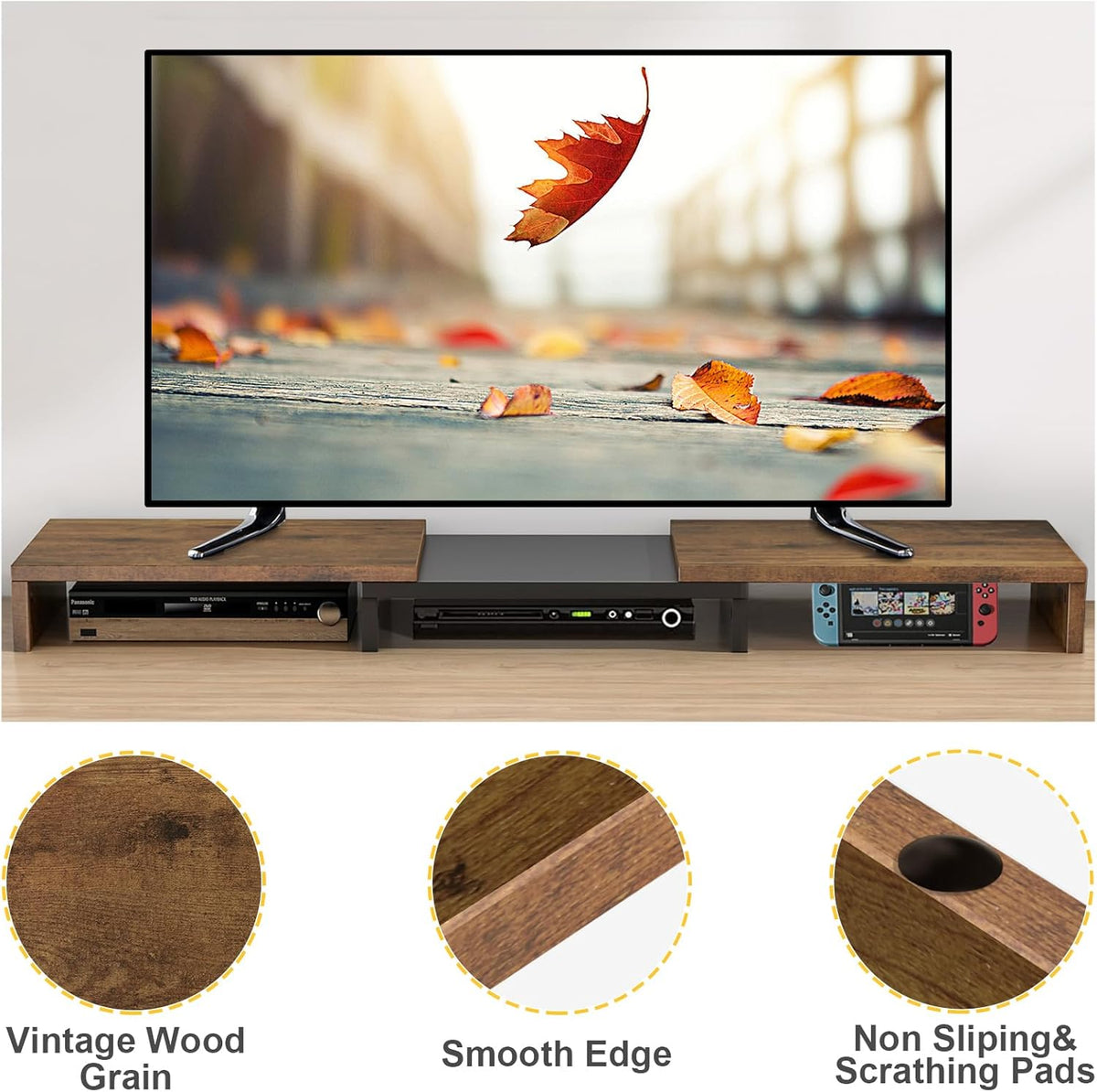 TAVR Dual Monitor Stand Riser, Computer Monitor Stands for 2 Monitors, Extra Long Multifunctional Desktop Organizer Riser for Computer, Laptop, PC, Printer, TV, Max 43.3" Length, Rustic Brown