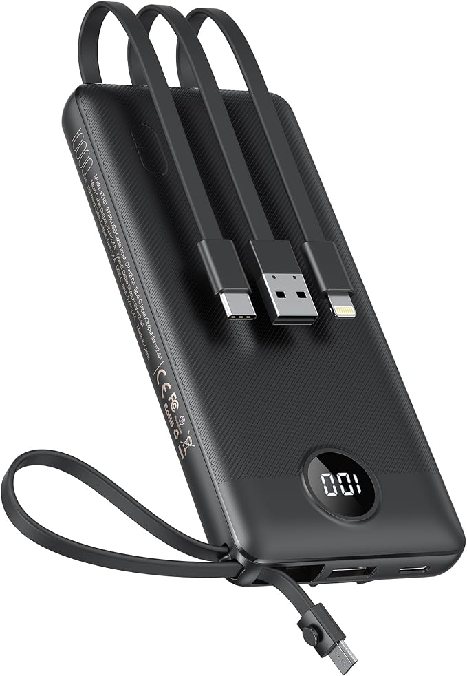 VEEKTOMX Portable Charger with Built-in Cables 10000mAh Power Bank