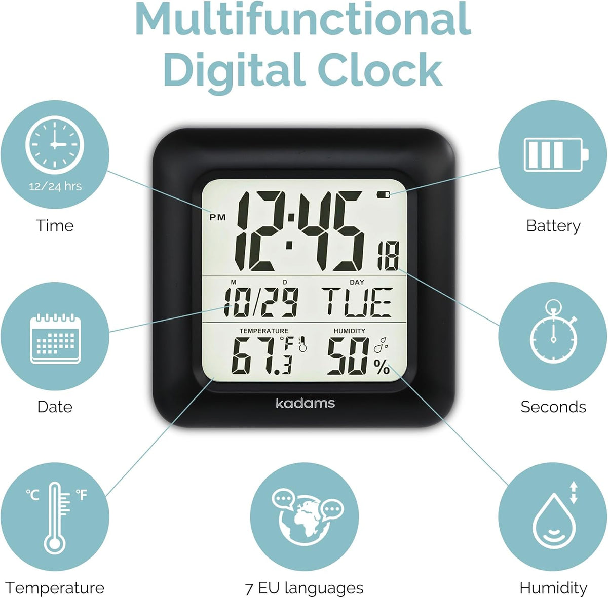 KADAMS Bathroom Clock 9.5" Kitchen Wall Clock with Large LCD Screen – Shower Clock with Suction Cup,Temperature, Humidity, Calendar – Water-Resistant, 4 Mounting Options, Black