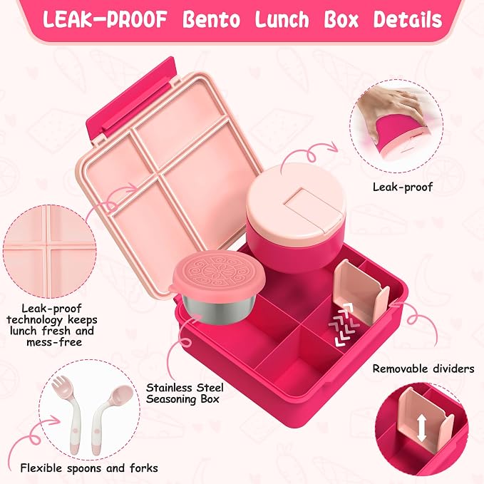 Kids Bento Lunch Box with 8oz Soup Thermo, Kids Leakproof Lunch Food Containers
