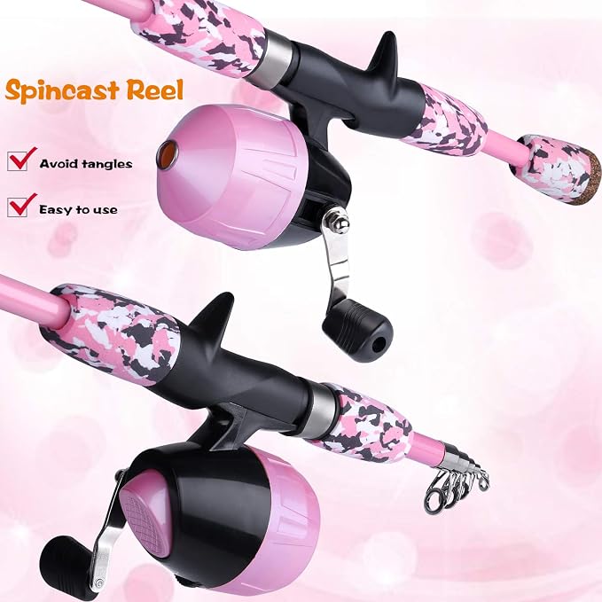 ODDSPRO Kids Fishing Pole Pink, Portable Telescopic Fishing Rod and Reel Combo