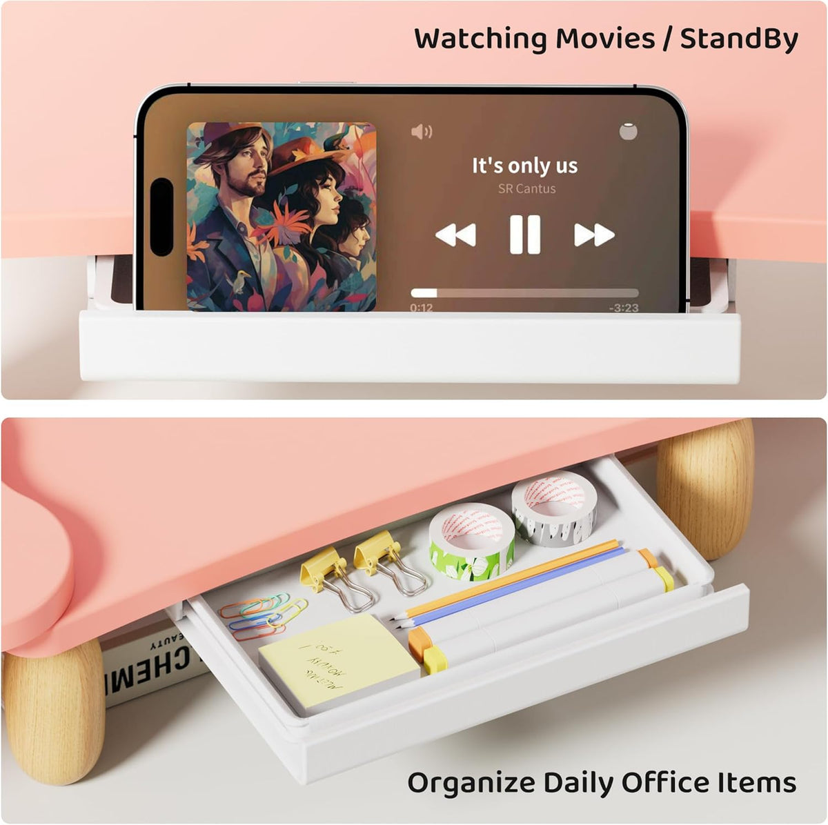 Dual Monitor Riser - Cookie-Shaped Adjustable Length & Swivel Angle, Wooden Desktop Organizer for 2 Monitors, Stand With Drawer for Laptop, PC, Computer, Printer, Pink