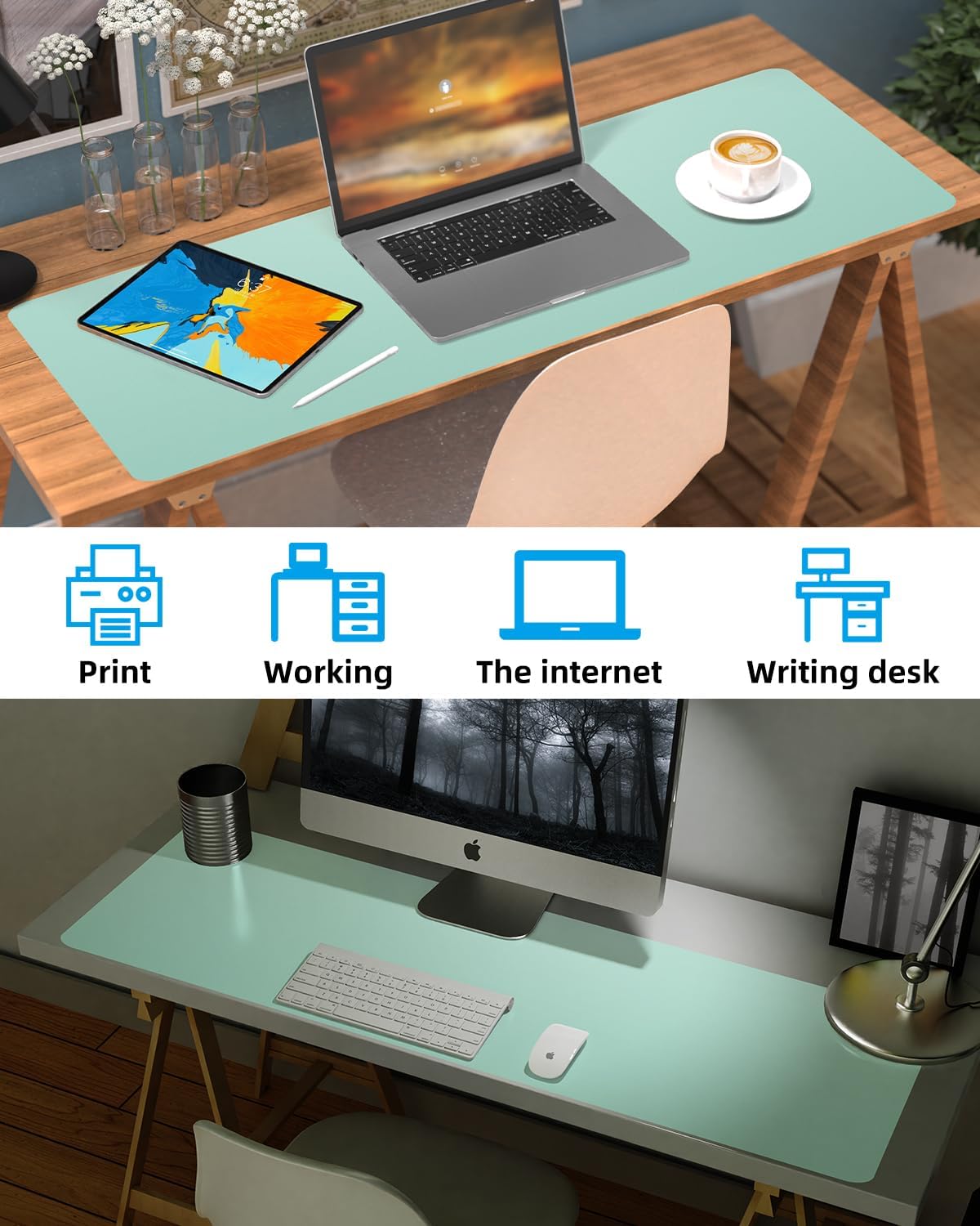 Leather Desk Pad Protector, Large Desk Mat, Mouse Pad, Non-Slip PU Leather Desk Blotter,Desk Cover mat,Desk mat for Keyboard and Mouse,Mat for Office&Home (Turquiose, 48" x 17")