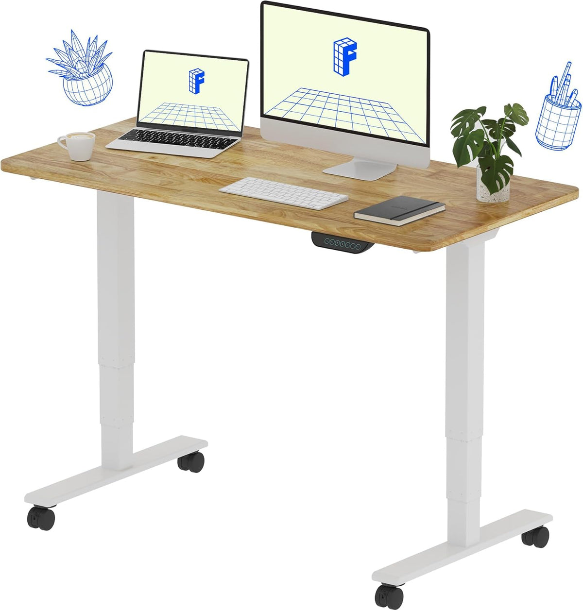 FLEXISPOT E6 MAX Rubber Wood Dual Motor 3 Stages Standing Desk 48x24 Inch Whole-Piece Board Electric Height Adjustable Stand Up Desk 150KG Load Capacity(White Frame + Rubber Wood Desktop)
