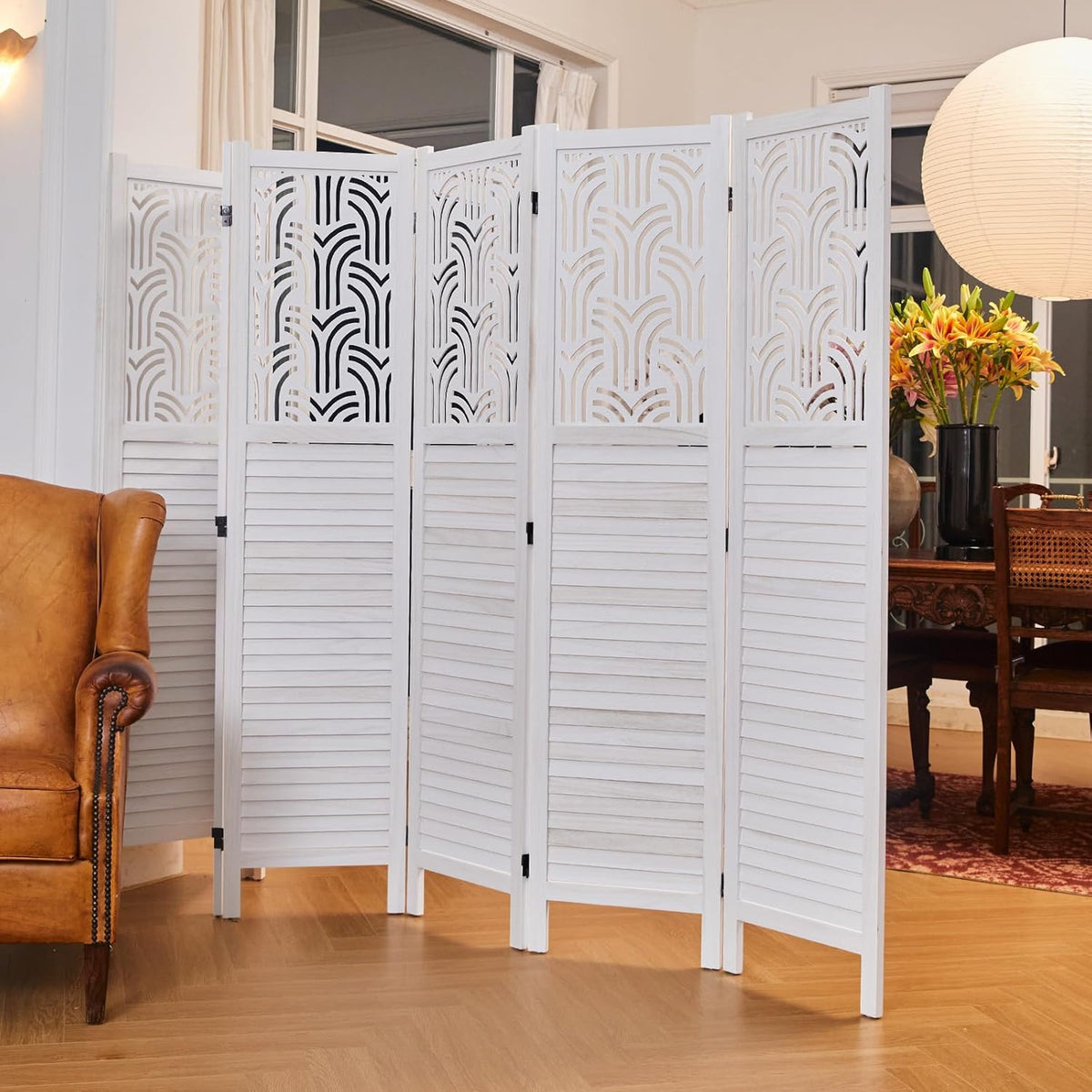 Folding Room Divider, 66.9 Inch 6 Panels Wood Carved Privacy Screens, Free Assembled Freestanding Portable Separation Wall for Home Office Restaurant Bedroom (White)