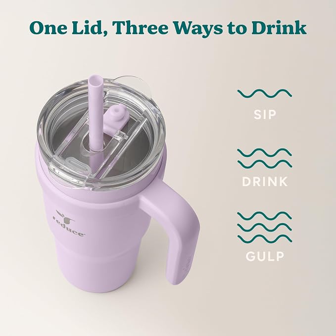 REDUCE 24 oz Stainless Steel Tumbler with Handle - Dual-Wall Vacuum Insulated Travel Mug, Sweat-Proof Lid & Reusable Straw - Keeps Drinks Cold for 24 Hrs, Fits Cupholders, Dishwasher Safe - Lilac Bud