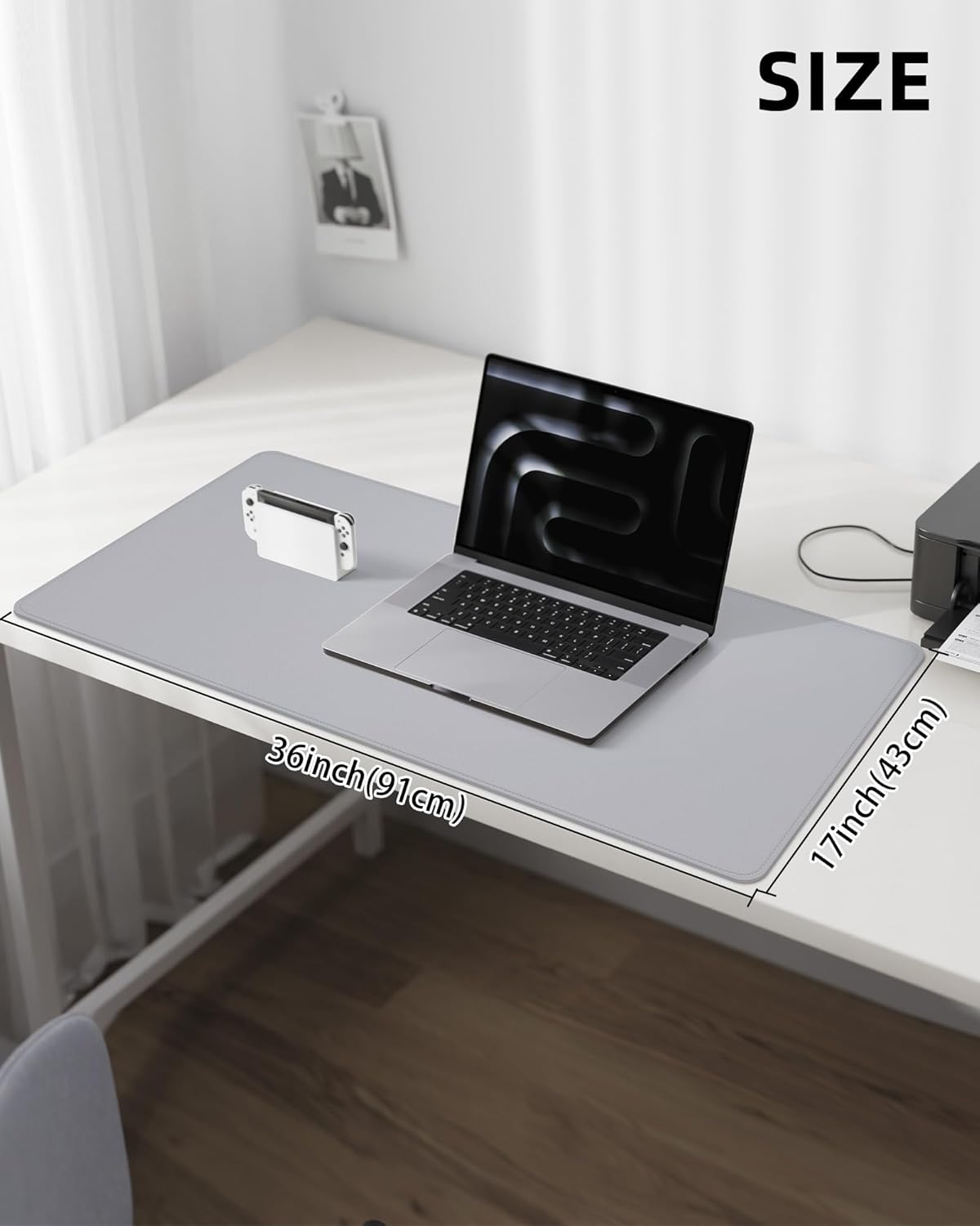 PU Leather Desk Blotter Mat, Large Mouse Pad, Non-Slip & Waterproof Desk Cover for Office and Home - Light Grey, 36" x 17"