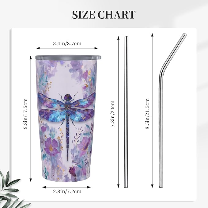Dragonfly Tumbler with Lid and Straw 20oz Vacuum Insulated Coffee Cup Stainless Steel Tumblers Leakproof Travel Mug Present for Women Men