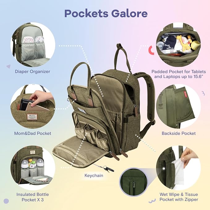 RUVALINO Diaper Bag Backpack, Large Capacity, Waterproof, Olive Green