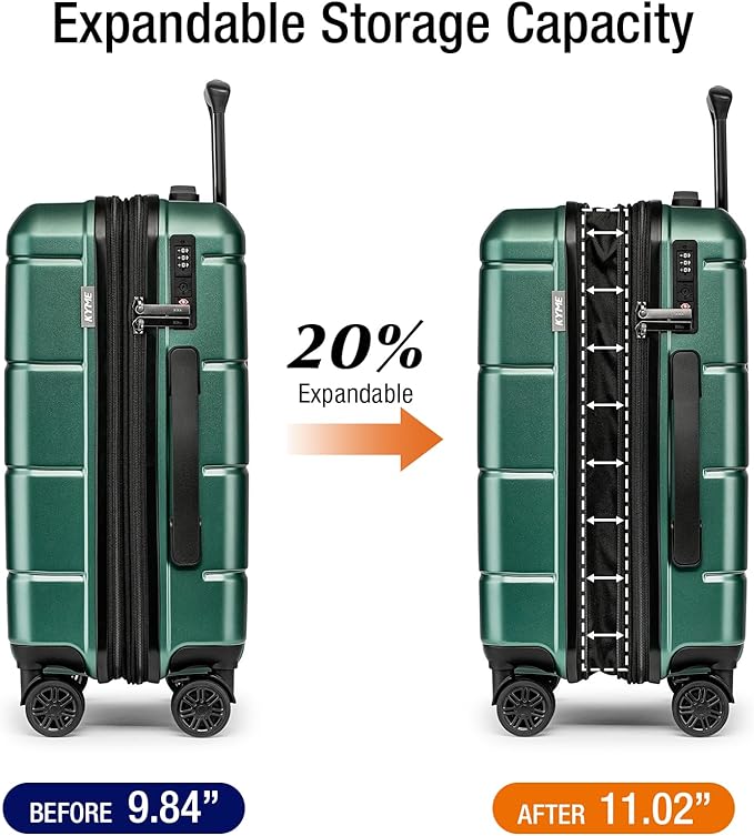 KYME Green Carry On Luggage 22x14x9 Airline Approved Expandable 20 Inch