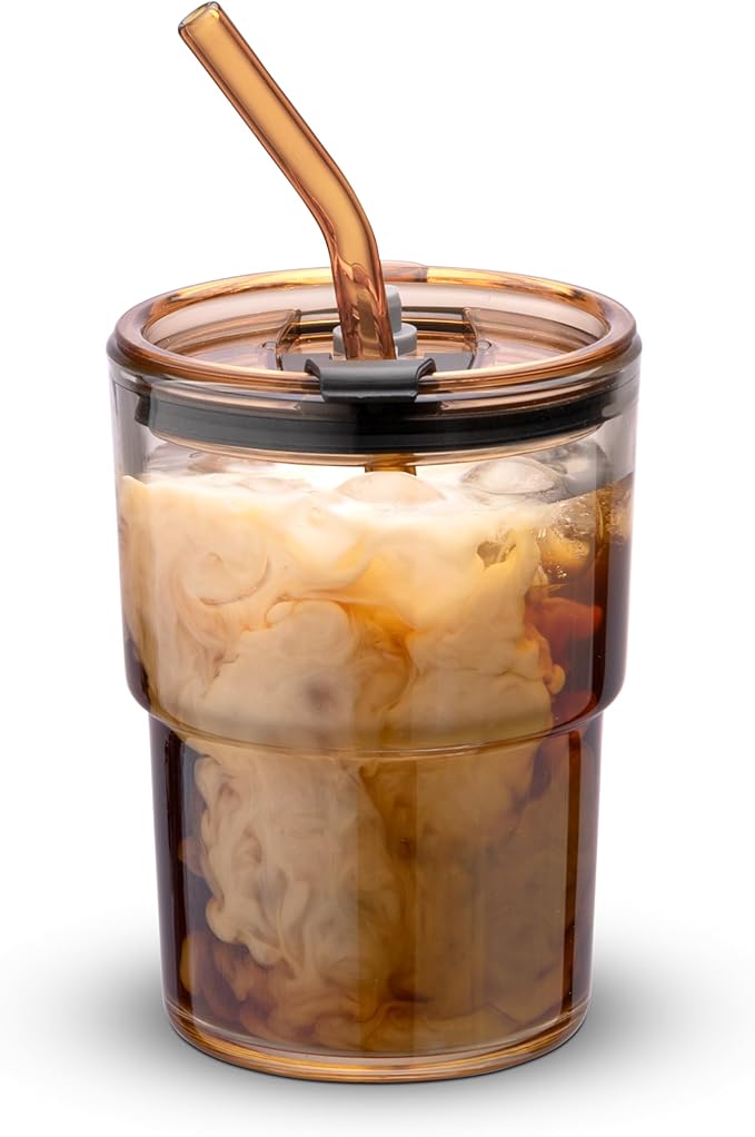 BLUEPOLAR 13oz/400ml Tumbler Water Glass, Cups with Straw and Lid Sealed Carry on for Coffee, Iced Tea, Thick Wall Insulated Glass Cup (Amber)…