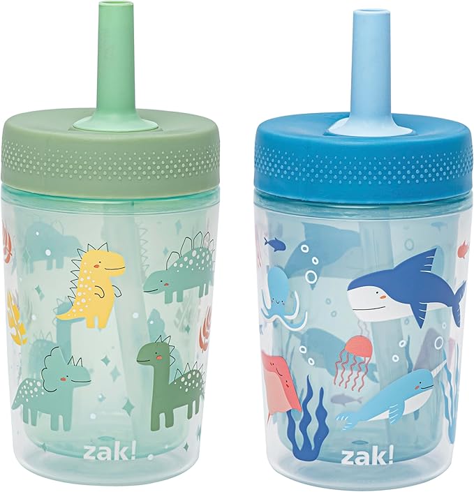 Zak Designs Capri Toddler Tumblers For Travel or At Home, 9oz 2-Pack Double Wall Plastic Sippy Cups With Leak-Proof Design is Perfect For Kids (Dino Buddies, Bubble Bay)