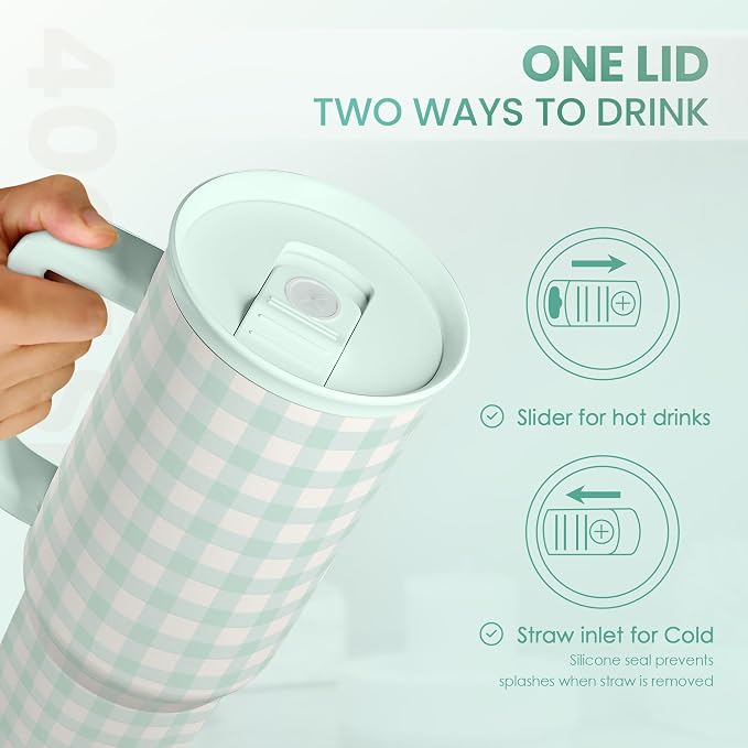 SANDJEST Mint Gingham 40oz Slider Tumbler with Handle and Straw - Insulated Stainless Steel Travel Coffee Mug for Women Girls, Gift for Birthday, Christmas