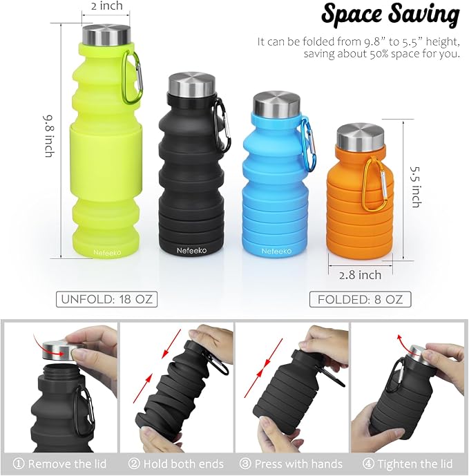 Nefeeko Collapsible Water Bottle, Reuseable BPA Free Silicone Foldable Water