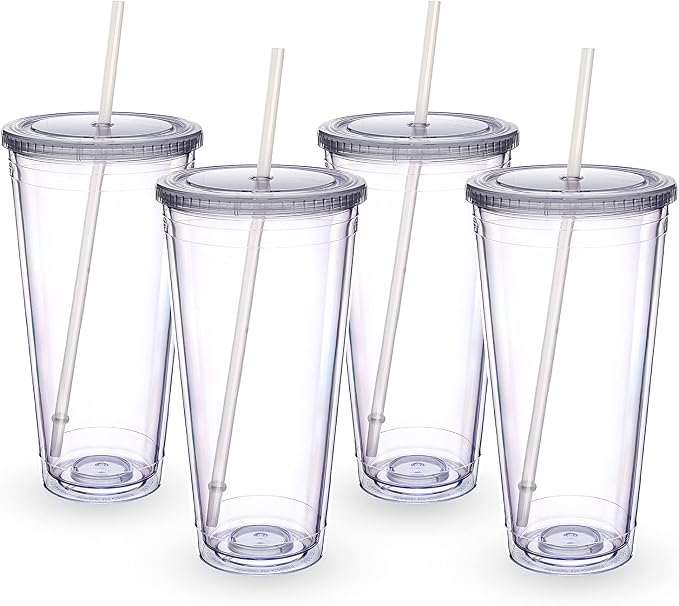 Zukro Clear Acrylic Tumbler with Straw and Lid 32 oz, Double Walled Insulated Reusable Plastic Iced Coffee Cup, To Go Cup Perfect for Home, Office, Fit in Cupholder, BPA Free, 4 Pack