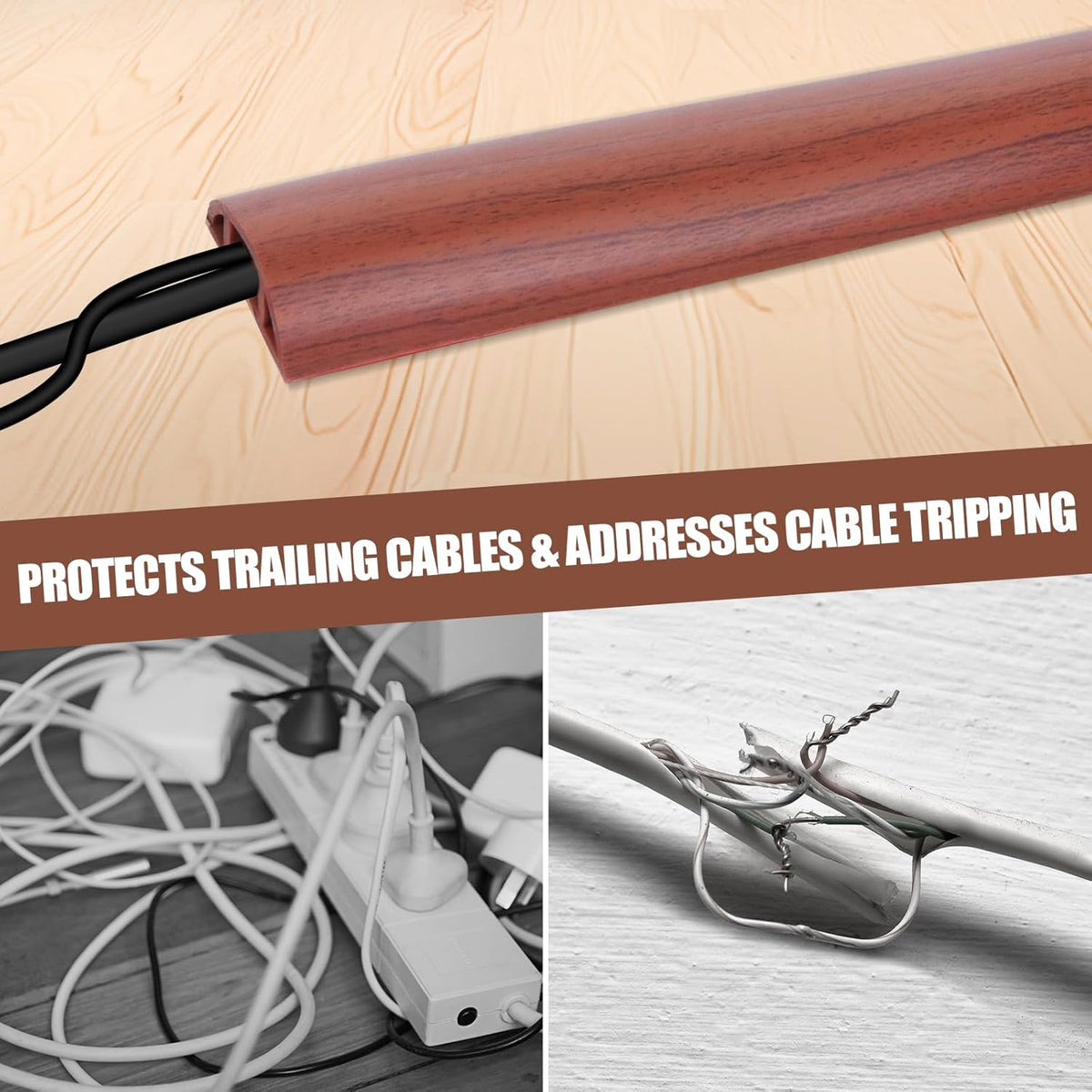 Floor Cord Cover Self Adhesive Cord Hider,20FT Cable Management, Extension Strip Protector for Wires, Prevent Cable Trips for Offices, Gyms, Exhibitions Cavity:0.39"(W) x0.27(H) Wood Red Teak