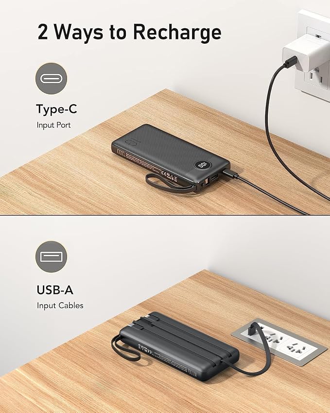 VEEKTOMX Portable Charger with Built-in Cables 10000mAh Power Bank
