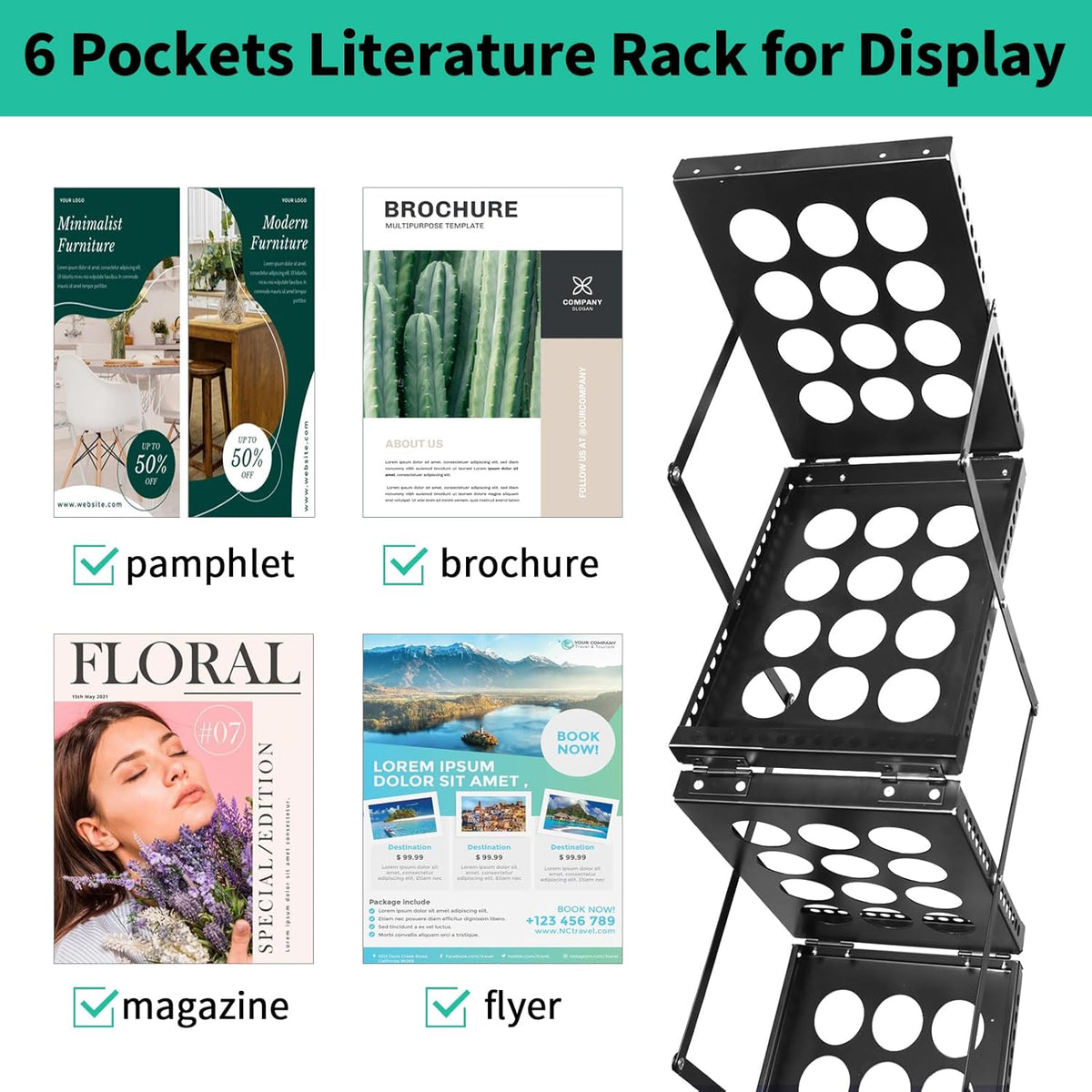 Folding Literature Rack, 6 Pockets Metal Brochure Holder Stand Floor Standing Magazine Rack，Double-sided Display Flyer Holder Stand Literature Stand for Trade Show Office Store Home