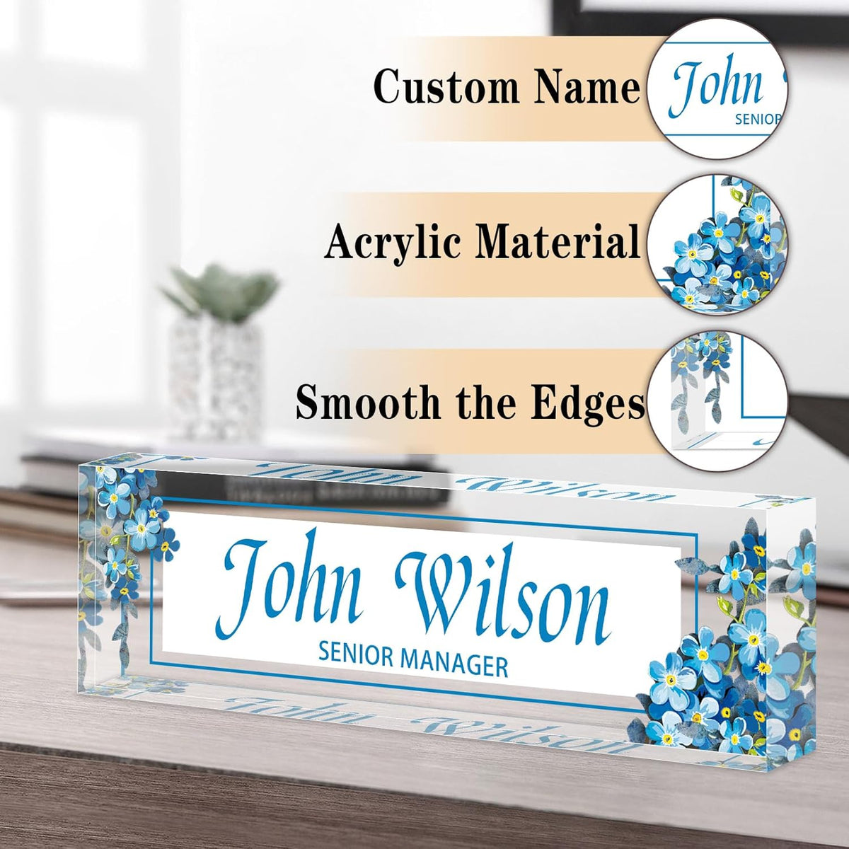 Name Plate for Desk Personalized, Acrylic Desk Decorations, Employee Appreciation Gifts, Custom Office Gifts for Coworkers, Boss, Teacher, Nurse (Myosotis)