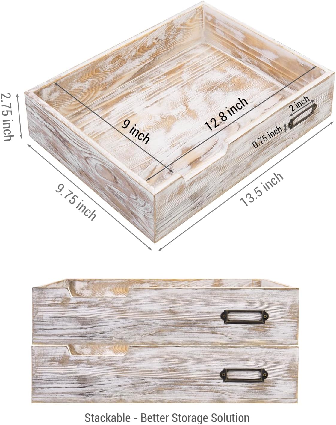 MyGift Rustic White Desktop Letter Tray - Shabby Whitewashed Wood Inbox Holder, Desk Paper File Folder Organizer Box with Metal Label