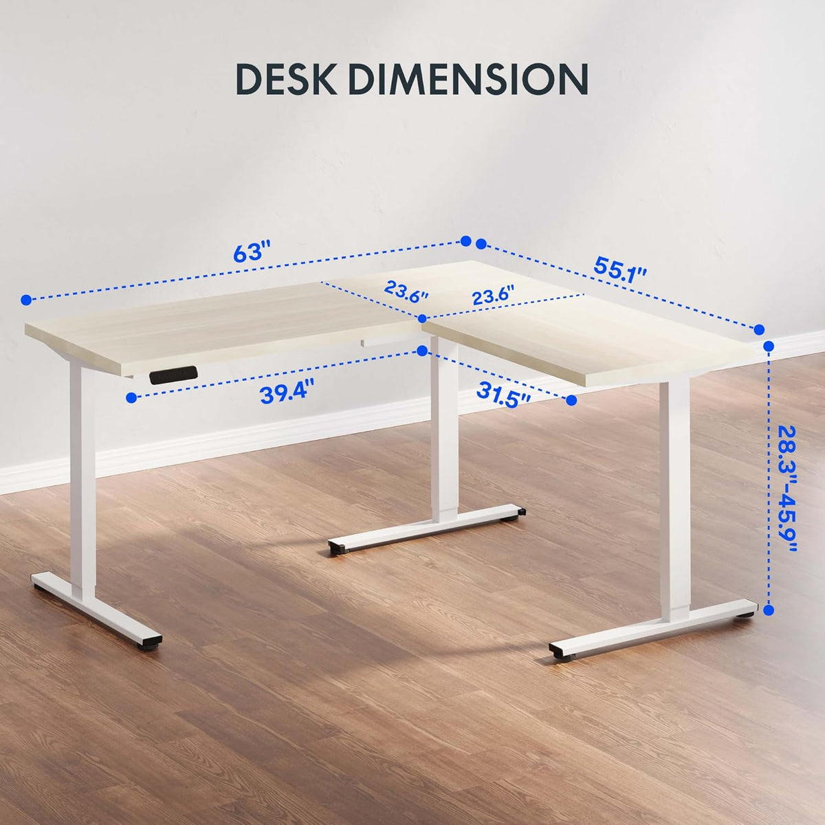 FLEXISPOT L Shaped Standing Desk, 63 x 55 Inch Electric Height Adjustable Corner Desk, Sit Stand Computer Workstation, Preset Controller, Home Office, White Frame with Maple Top