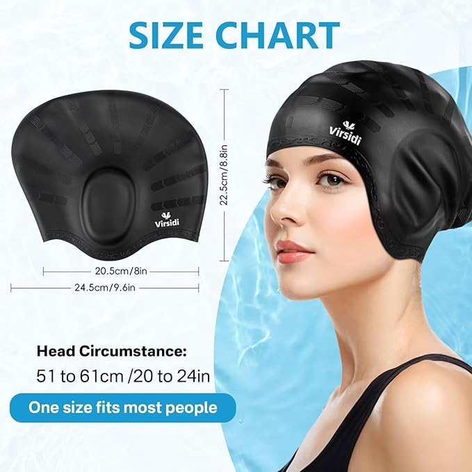 Swim Cap for Long Hair, Silicone Swimming Cap for Adult Women Men with 3D Ear Protection, Waterproof Large Swim Hats Bathing Caps to Keep Hair Dry with Ear Plugs Nose Clip
