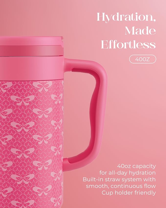40 oz Insulated Tumbler with Handle and Push-Button Straw Lid, Stainless Steel Travel Cup for Gym Office, Leakproof, BPA-Free, Cup Holder Friendly, Bow Silicone Boot, Pink (Coquette Fuchsia)