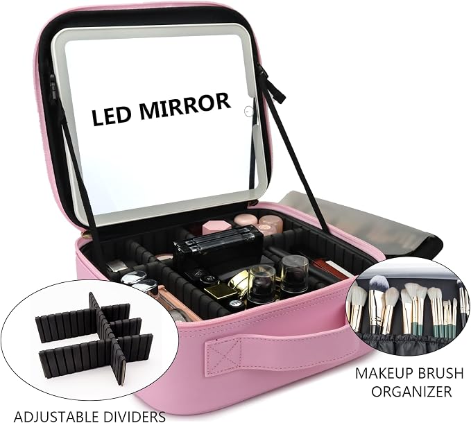 Travel Makeup Bag with LED Mirror Travel Makeup Organizer with 3 Lighted