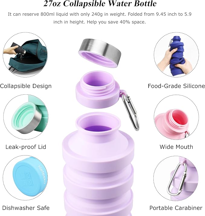 Nefeeko Collapsible Water Bottle, Reuseable BPA Free Silicone Foldable Water