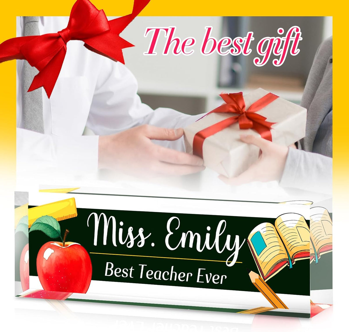 Personalized Name Plate for Desk - Custom Engraved Name Plates for Teacher -Teachers Day Gifts- Best Teacher Ever Teacher Appreciation Gifts- Acrylic Office Decor (Khaki)
