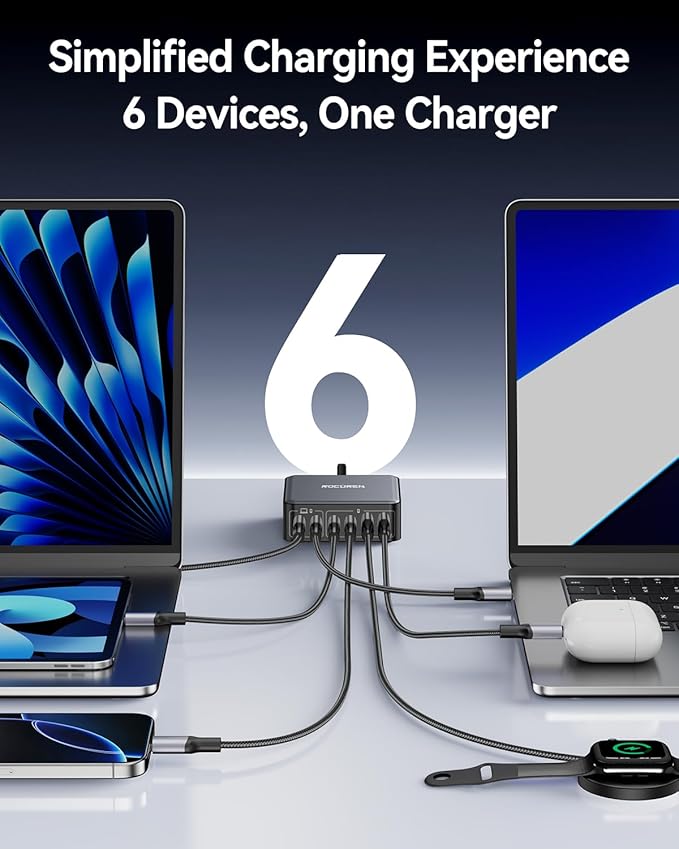 270W USB C Charger Block, Rocoren 6 Port Multi USB-C Charging Station, 100W PD