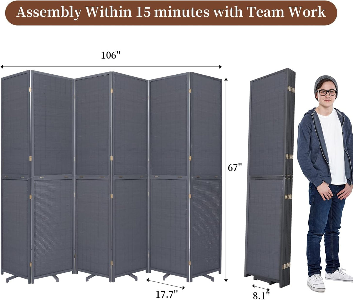Bamboo Room Divider 6 Panel Wall Divider, 106'' W x 67'' H Folding Design with Extra Stable Base, 100% Bamboo Room Divider Screen for Room Separation, Chinese Room Partitions and Dividers Freestanding