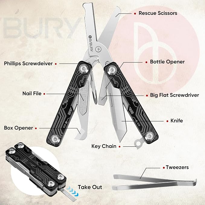 BIBURY Mini Keychain Multitool Scissors B12062B, 9 in 1 Multitool EDC Scissors