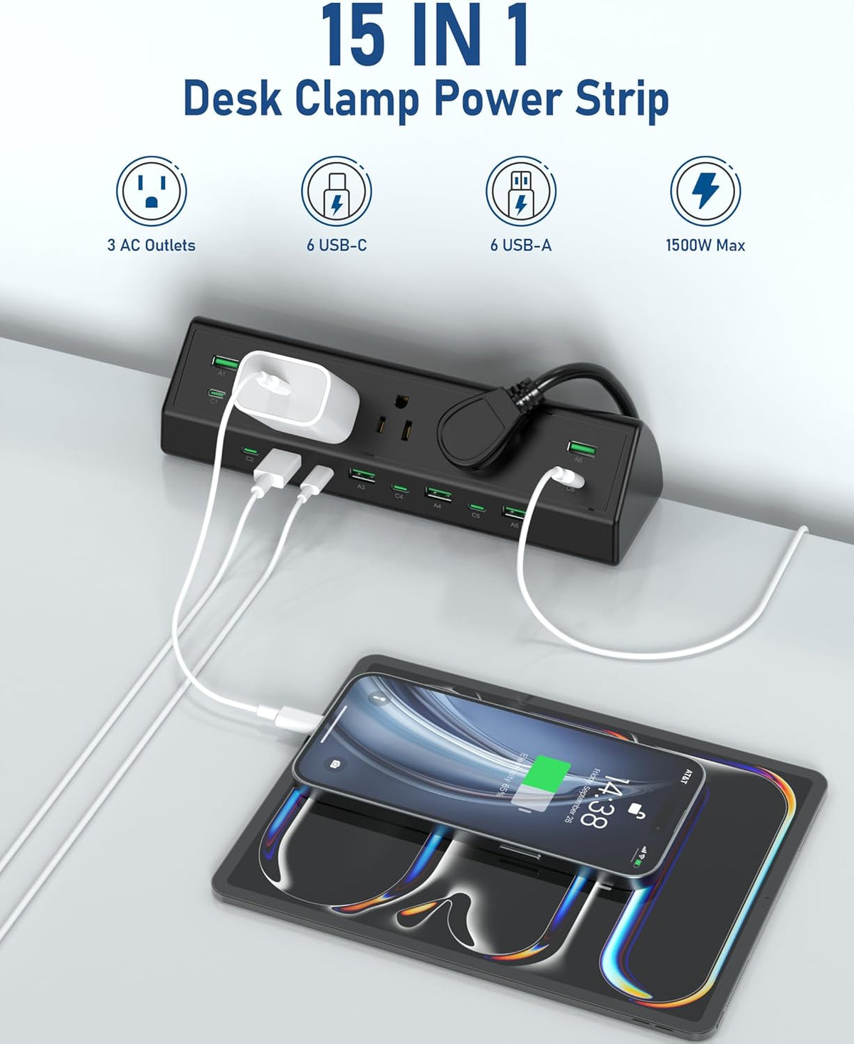 Jgstkcity 90W Desk Clamp Power Strip,12 USB Ports (6 PD 45W USB-C),Surge Protector,ETL Listed Power Hub Extension Cord,Fast Charging Station for Home Office Desk Edge Mount (Black,12 USB-90W)