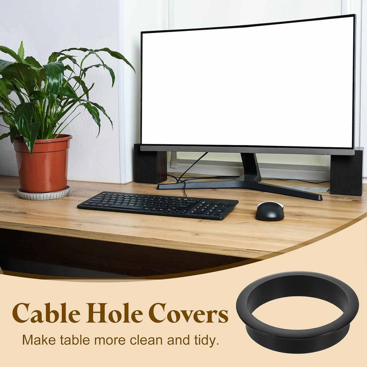 uxcell Desk Grommet, 2-3/4" (70mm) Zinc Alloy Cable Hole Cover Wire Cord Organizer with Marked Cable Ties for Home Office Desktop Wire, Black
