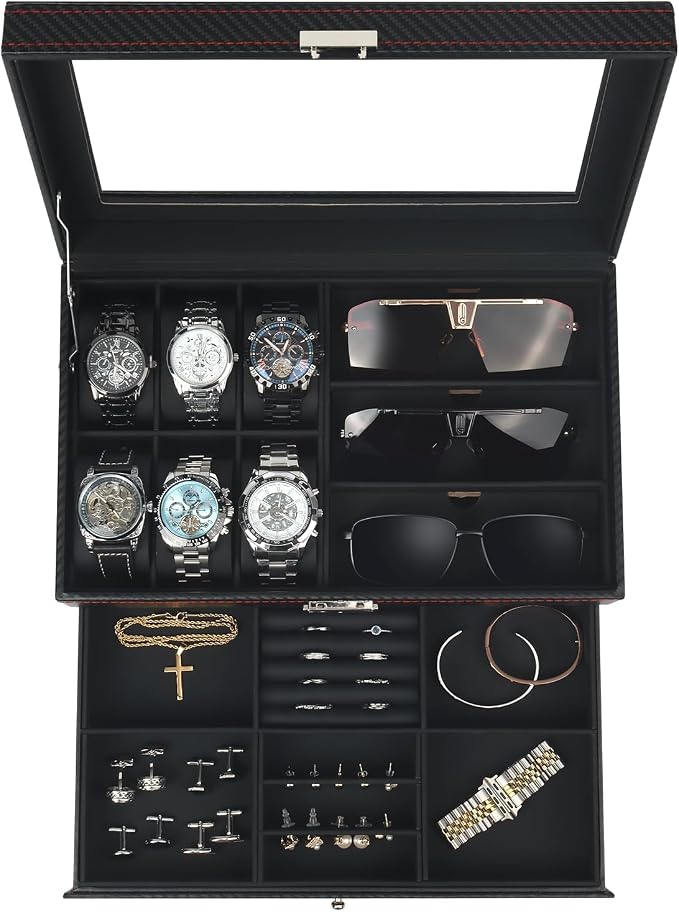 Watch Jewelry Box Organizer, 6-Slot 2-Layer Watch Case and Sunglasses Storage