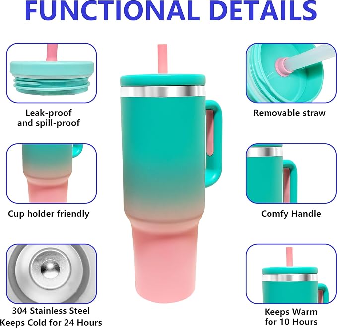 40-OZ Insulated Water Bottle,Insulated Stainless Steel Tumbler,Reusable Cold Drink Thermos,BPA-Free, Double-Wall Stainless Steel Water Bottle (Aqua Pink, 40, Fluid Ounces)
