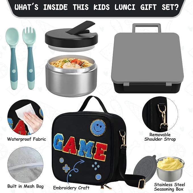 Kids Bento Lunch Box with 8oz Soup Thermo, Kids Leakproof Lunch Food Containers