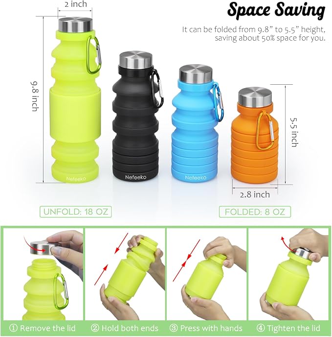 Nefeeko Collapsible Water Bottle, Reuseable BPA Free Silicone Foldable Water