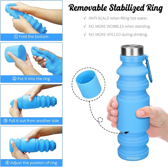 Nefeeko Collapsible Water Bottle, Reuseable BPA Free Silicone Foldable Water