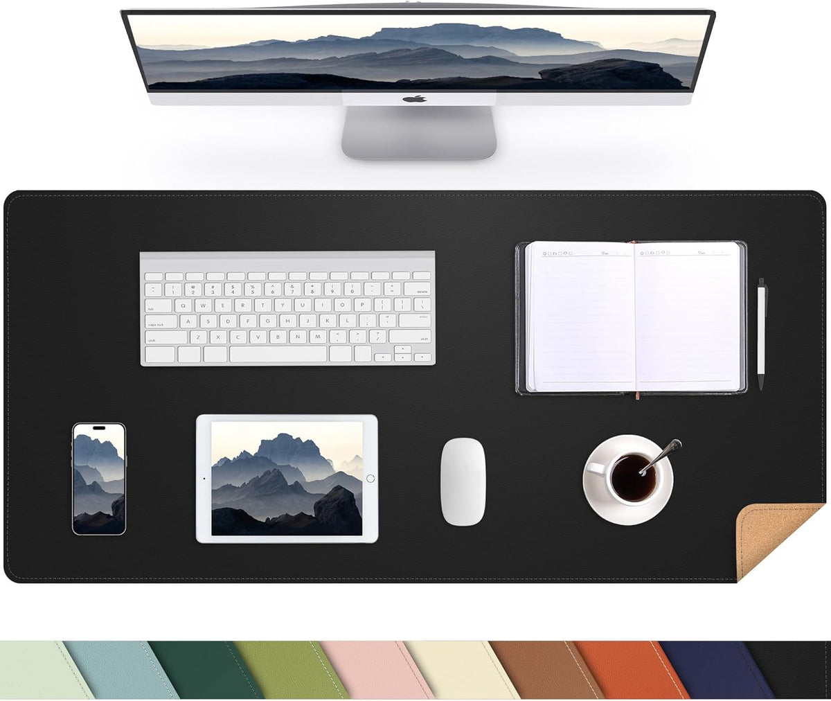 Leather Desk Pad Protector, Office Desk Mat, Large Mouse Pad,Cork Desk Mat, Laptop Desk Pad, Waterproof Desk Writing Pad for Office and Home (35in*17in, Black)