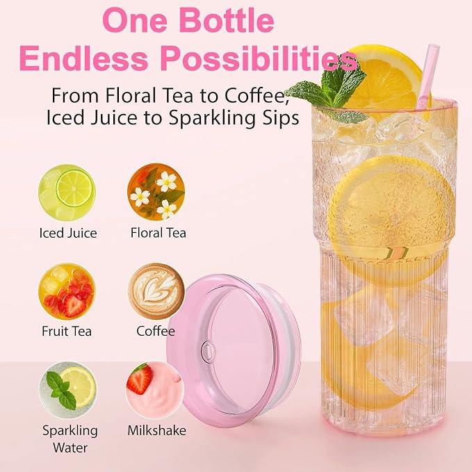 Luiaiog 20oz Glass Cups with Lids and Straws - Set of 4 Reusable Tumblers, Thickened Shatter-Resistant Glass, Ideal for Iced Coffee, Smoothies, Cocktails, Juices - Elegant & Durable Drinkware (Pink)
