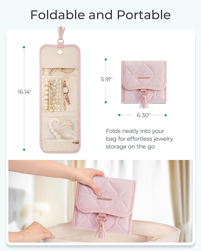 BAGSMART Travel Jewelry Case Organizer, Roll Foldable Jewelry Case