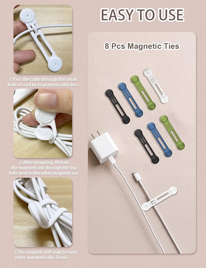 Kanemc 8-Pack Magnetic Cable Ties, Magnet Cord Wraps Reusable Silicone Cable