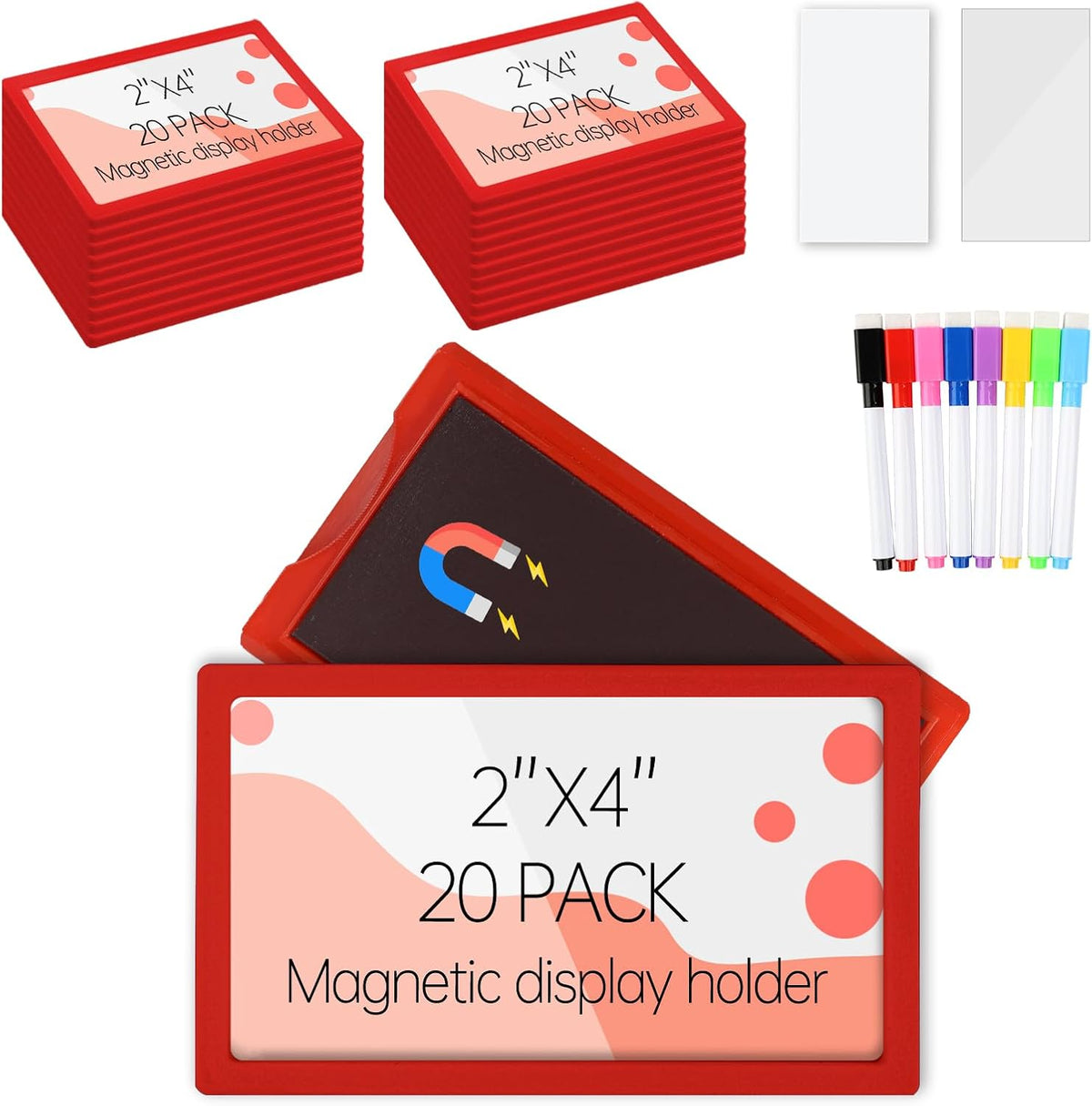 20Pcs Magnetic Plastic Label Holder 2x4 inch for Supermarket Store Price Tag, Metal Shelf File Storage Cabinet Drawer Label Tag Resuable with 8 Color Chalk Makers, 20Pcs White Paper (Red)