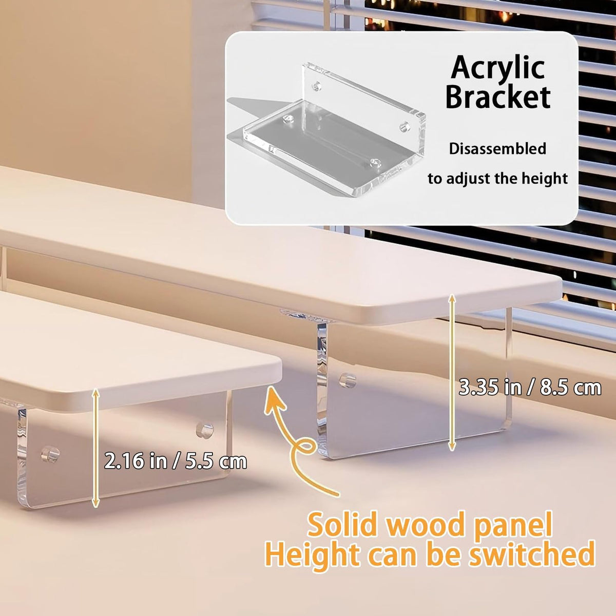 Monitor Stand Riser 2.16/3.34 Inch 2 Height Adjustments Acrylic Stand with Installation Tool, Desk Organizer Accessories Office Desk Storage Rack Screen/PC/Printer/Laptop Riser 7.8 x 15.7 Inch (White)