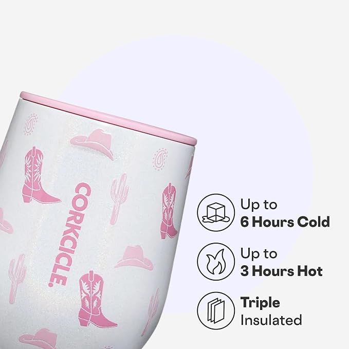 Corkcicle Classic Stemless Wine Tumbler - Keeps Drinks Cold for 6 Hours - Triple-Insulated Stainless Steel - Non-Slip Bottom - Summer Drinkware Gift - Keeps Drinks Ice Cold - 12 oz - Cowgirl