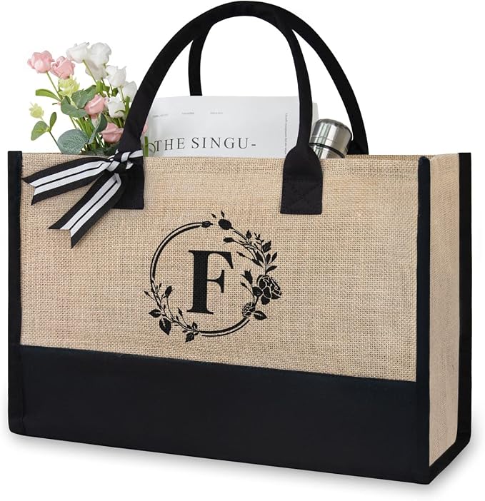 TOPDesign Personalized Initial Jute/Canvas Beach Bag, Monogrammed Gift Tote Bag