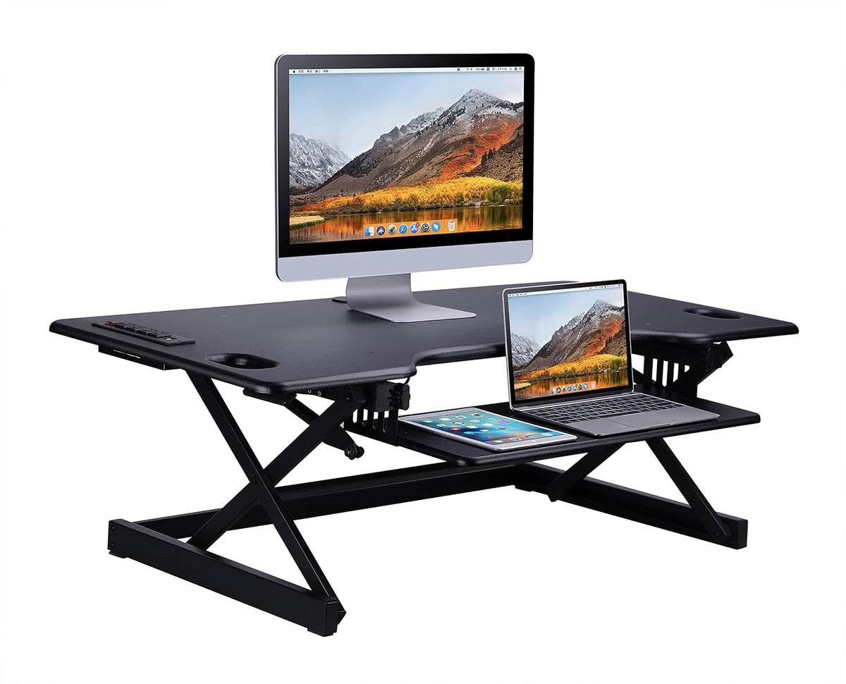 Rocelco 46" Standing Desk Converter with AC USB Charger and Dual Monitor Stand - Height Adjustable Three Screen Riser Computer Workstation - Sliding Keyboard Tray - Black (R DADRB-46-ACUSB-DM3)
