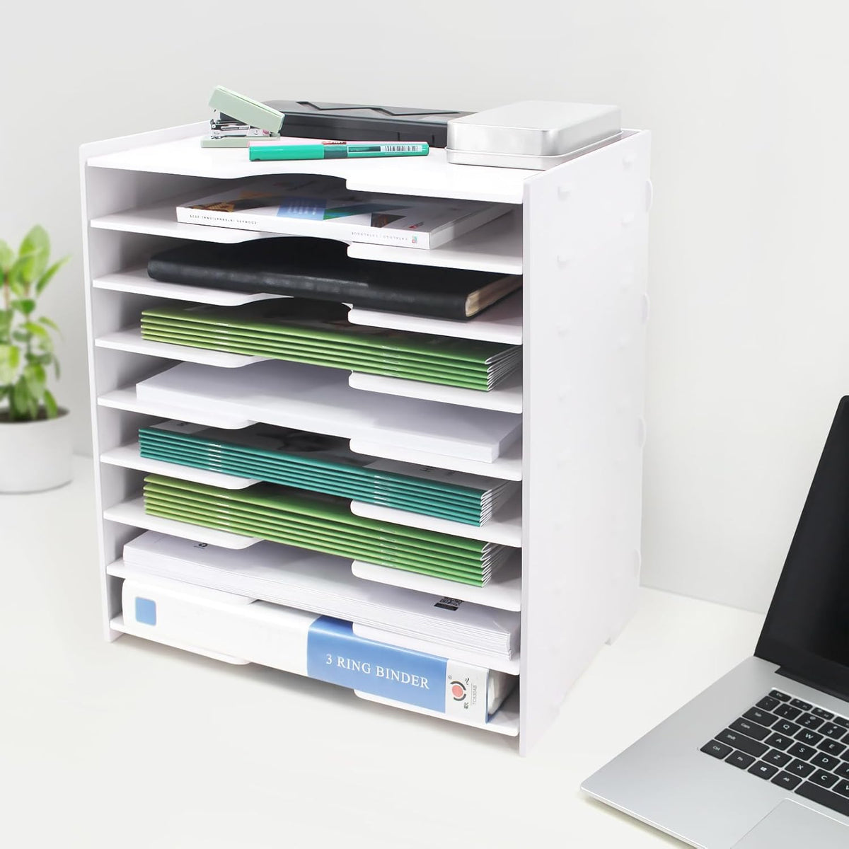 SONGWAY File Organizer for Desk - 9 Tier Wide Document Holder, Letter Mail Tray Storage Rack, File Sorter Organizer, Paper Storage Holder, Desktop Organizer for Home Office School, White